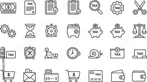 Tax and Finance Icon Set Featuring Invoice Money Bank Audit Clock Balance Scale and Payment Symbols