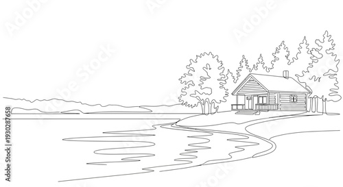Rustic log cabin by serene lake, surrounded by trees, peaceful nature landscape, line art drawing