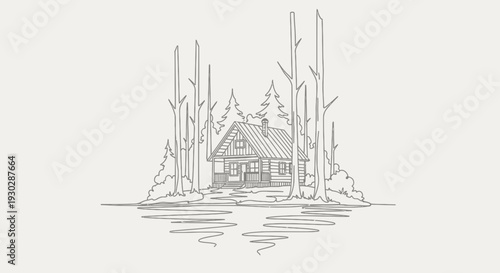 Rustic Log Cabin in Forest by Reflecting Water - Hand-Drawn Sketch