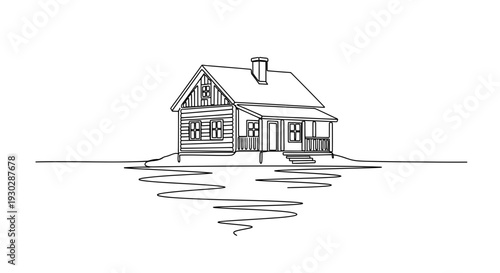 Rustic Log Cabin on Water with Reflection, Hand-Drawn Sketch Style