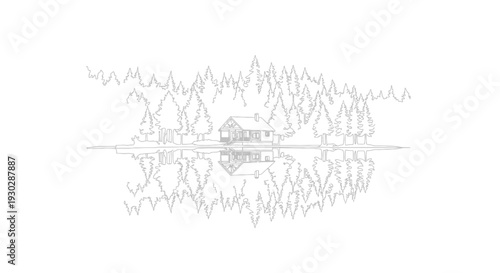 Serene Cabin Reflection on Calm Lake Surrounded by Pine Forest