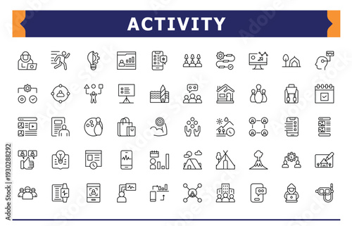 Activity icon set. Interest related icon set. Web icons pack. Includes thin line symbols hiking, cooking, fishing, sport and more. Editable vector.