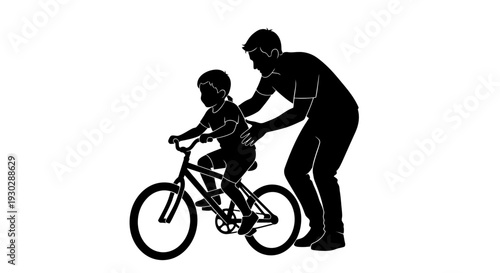 Man helping a child ride bicycle.