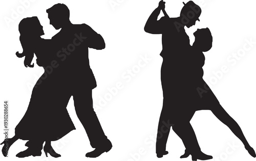 Silhouettes of couples dancing in a ballroom, showcasing different dance styles.