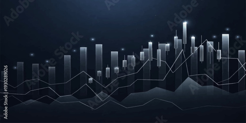 A 3d business finance report featuring a blue stock market graph and growth arrow over a city skyline illustration for a success concept design