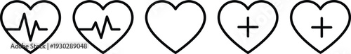Heart medical icons set with pulse line and plus symbol, black outline healthcare illustration isolated on white background for cardiology, hospital, and wellness