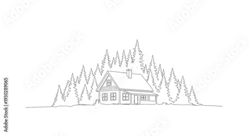 Minimalist Line Art Cabin in Pine Forest, Cozy Home Illustration