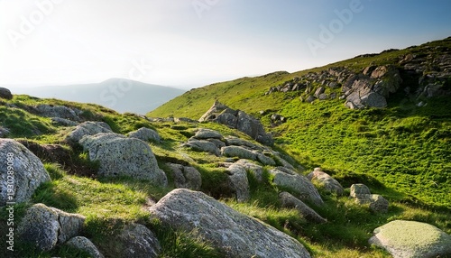A Rocky Hillside Covered In Green Grass