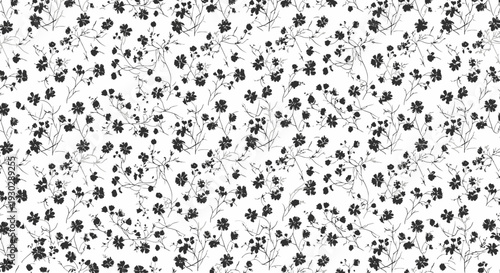 Black floral pattern on white background.
