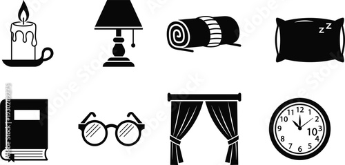 Home interior silhouettes icon set featuring candle, table lamp, blanket, pillow, book, glasses, curtain and wall clock for cozy living design
