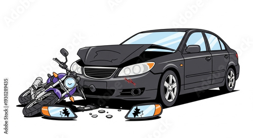 Car and Motorcycle Collision Scene.