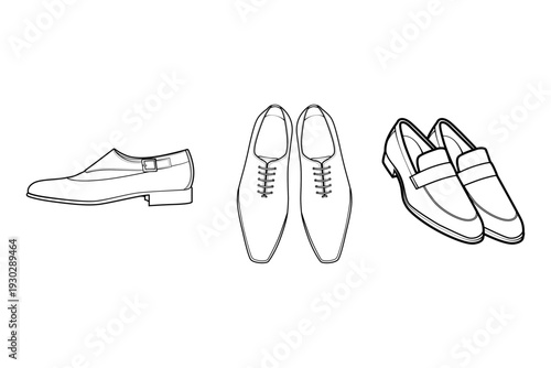 Black and white line art vector illustration set of formal menswear shoes. Includes single monk strap, oxfords, and penny loafers. Perfect for footwear tech packs, mockups, and fashion sketches.