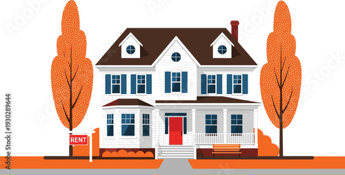 House for rent concept with suburban home, autumn trees and signboard, residential property real estate vector illustration isolated on white background