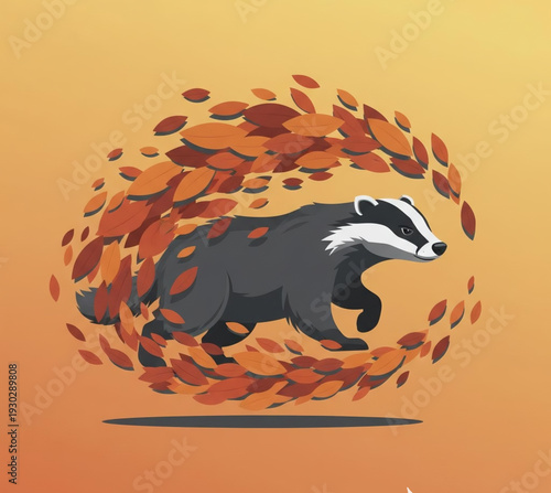 A badger surrounded by autumn leaves in motion, illustrated in a dynamic scene from a side viewpoint