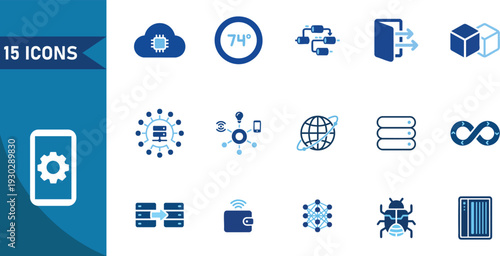 Set of 15 blue technology icons vector