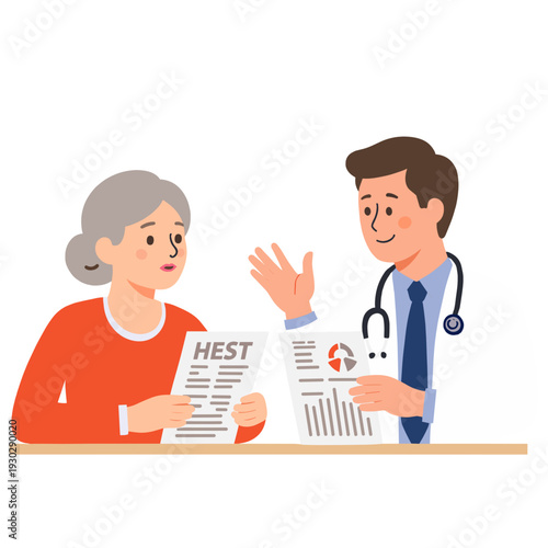 Doctor explaining test results. Physician discussing medical information. Doctor consulting elderly patient. Medical consultation with senior. Elderly set