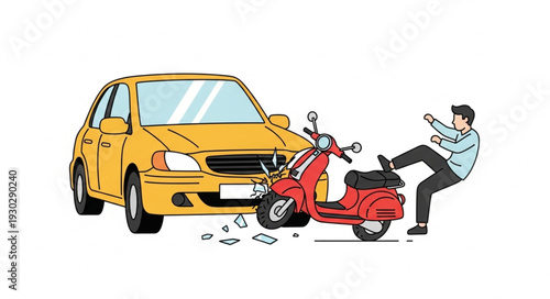 Car and Motorcycle Collision Accident Scene.