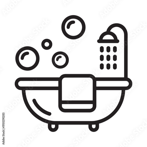 Black line drawing of a bathtub with bubbles and shower head