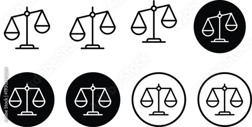 Justice scale icon set in line and solid styles, black balance symbol col background for law, court, an