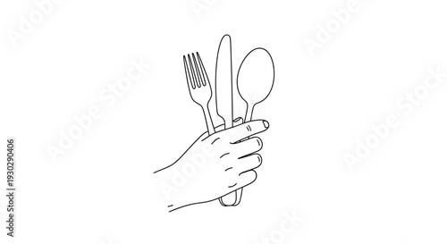 Hand Holding Fork Spoon Drawing – Eating Utensils Sketch Vector Illustration
