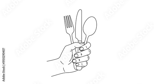 Hand Holding Fork Spoon Drawing – Eating Utensils Sketch Vector Illustration