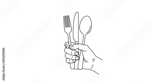 Hand Holding Fork Spoon Drawing – Eating Utensils Sketch Vector Illustration
