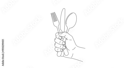 Hand Holding Fork Spoon Drawing – Eating Utensils Sketch Vector Illustration