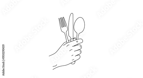 Hand Holding Fork Spoon Drawing – Eating Utensils Sketch Vector Illustration