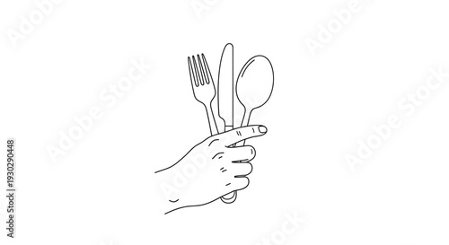 Hand Holding Fork Spoon Drawing – Eating Utensils Sketch Vector Illustration