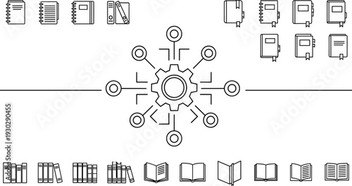 Knowledge management icon set featuring books, notebooks, binders, and open books surrounding a central gear network, symbolizing education, organization, and information sys