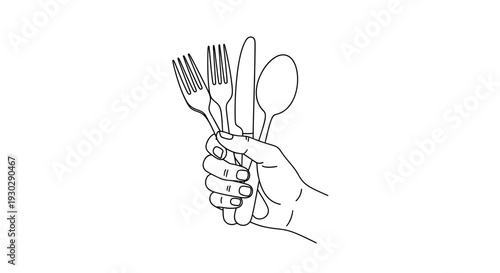 Hand Holding Fork Spoon Drawing – Eating Utensils Sketch Vector Illustration