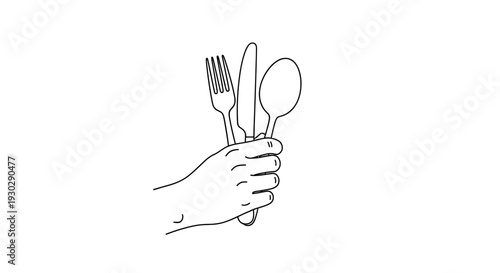 Hand Holding Fork Spoon Drawing – Eating Utensils Sketch Vector Illustration