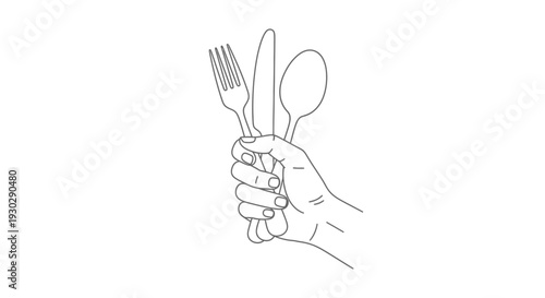 Hand Holding Fork Spoon Drawing – Eating Utensils Sketch Vector Illustration