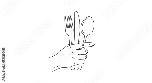 Hand Holding Fork Spoon Drawing – Eating Utensils Sketch Vector Illustration