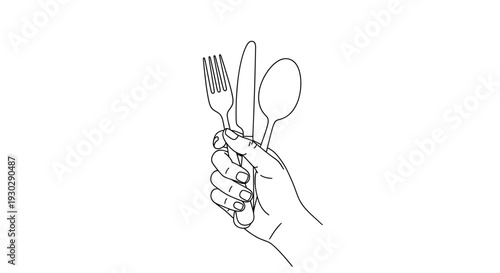 Hand Holding Fork Spoon Drawing – Eating Utensils Sketch Vector Illustration