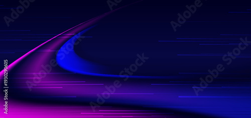 Abstract blue and pink curve ray with wave on dark background. Futuristic technology data communication science concept.