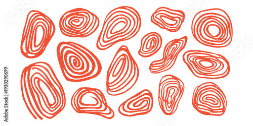 Abstract hand drawn red swirl shapes and concentric circles on white background vector illustration set for creative design