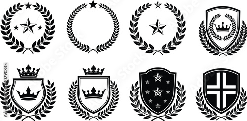 Luxury heraldic crest and laurel wreath badge collection with crowns, stars and shields, vinemblem set for branding, awards, logos and premium identity design