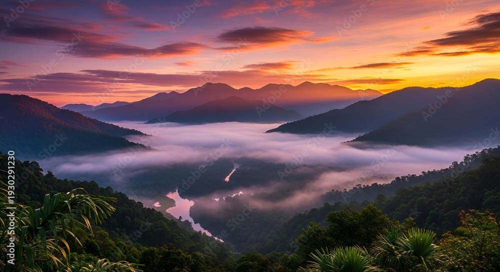 Obraz premium Sunrise Over Misty Mountain Valley with River and Tropical Rainforest