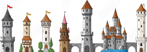 Medieval castle towers collection vector illustration with fantasy architecture, stone fortresses, t bridges, isolated design elements, fairytale kingdom buildings set on light background