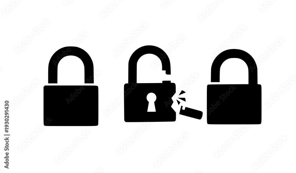 Naklejka premium Black and white padlock icons with one broken lock symbol