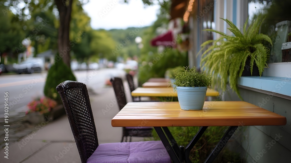 Fototapeta premium Inviting outdoor cafe seating area with potted plant and purple cushions on a tranquil street