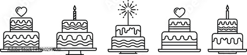Minimalist Birthday Cake Icon Set with Candle, Heart and Sparkler Toppers, Line Art Vector Illustration for Celebration, Party, Bakery Branding and Greeting 