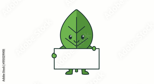Green leaf cartoon character holding sign.
