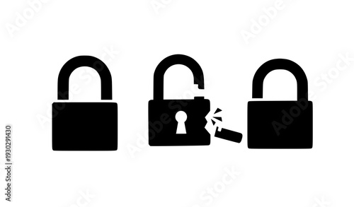 Black and white padlock icons with one broken lock symbol