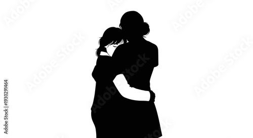 Silhouette of woman hugging a girl.
