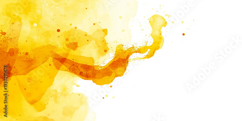 Vibrant orange juice and yellow paint splashes create a grunge watercolor texture with liquid droplets and ink splatters in an artistic vector illustration design