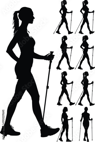 Black silhouette collection of active women practicing nordic walking with poles in various poses and side views isolated on white background for health design