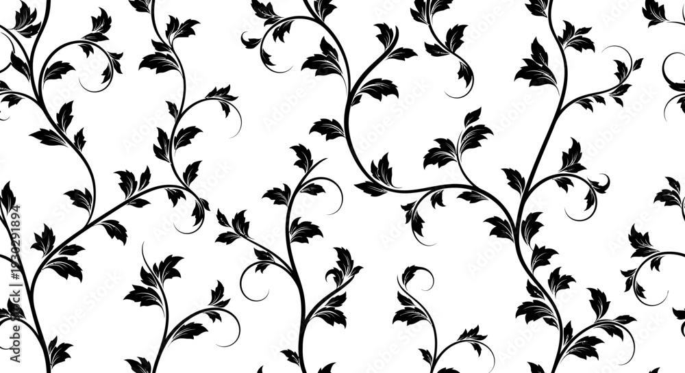 Naklejka premium Black leafy vine branch pattern design.