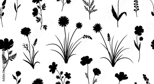 Black silhouettes of various wildflowers.